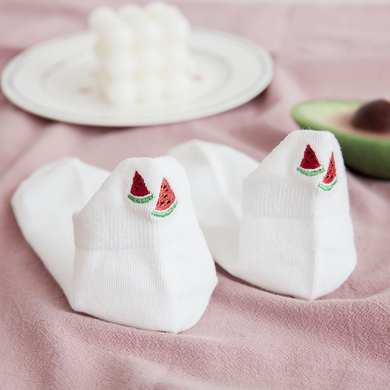Socks Women's Socks Spring And Summer White Solid Color Cotton Socks Embroidery Fruit Socks Spring And Autumn Thin Ins Tide Shallow Mouth Boat