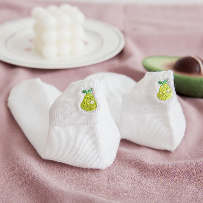 Socks Women's Socks Spring And Summer White Solid Color Cotton Socks Embroidery Fruit Socks Spring And Autumn Thin Ins Tide Shallow Mouth Boat