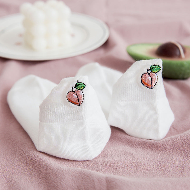 Socks Women's Socks Spring And Summer White Solid Color Cotton Socks Embroidery Fruit Socks Spring And Autumn Thin Ins Tide Shallow Mouth Boat