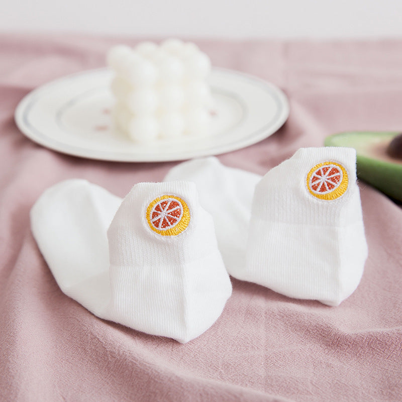 Socks Women's Socks Spring And Summer White Solid Color Cotton Socks Embroidery Fruit Socks Spring And Autumn Thin Ins Tide Shallow Mouth Boat