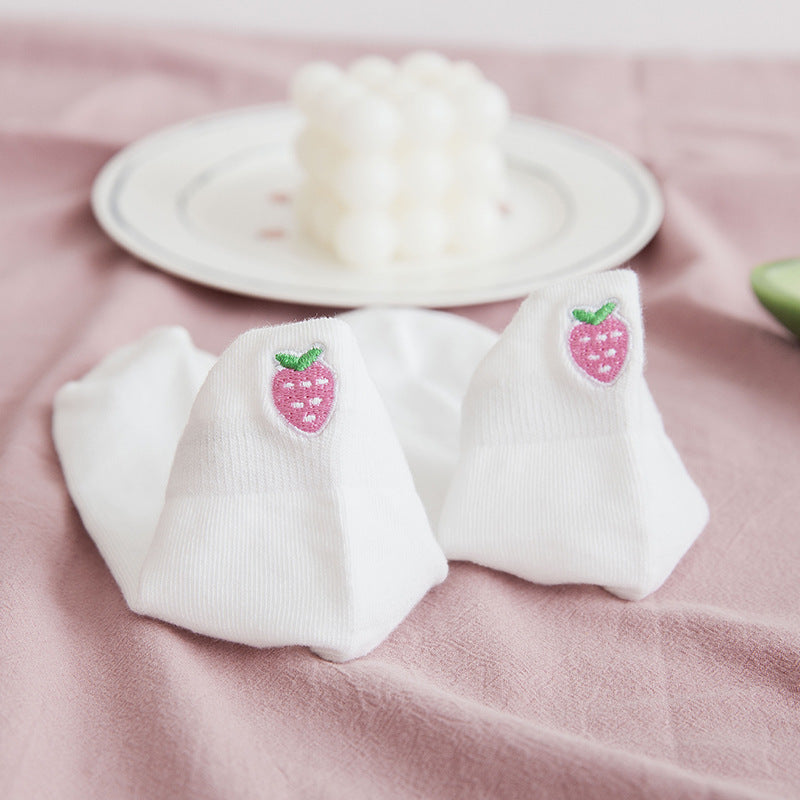 Socks Women's Socks Spring And Summer White Solid Color Cotton Socks Embroidery Fruit Socks Spring And Autumn Thin Ins Tide Shallow Mouth Boat