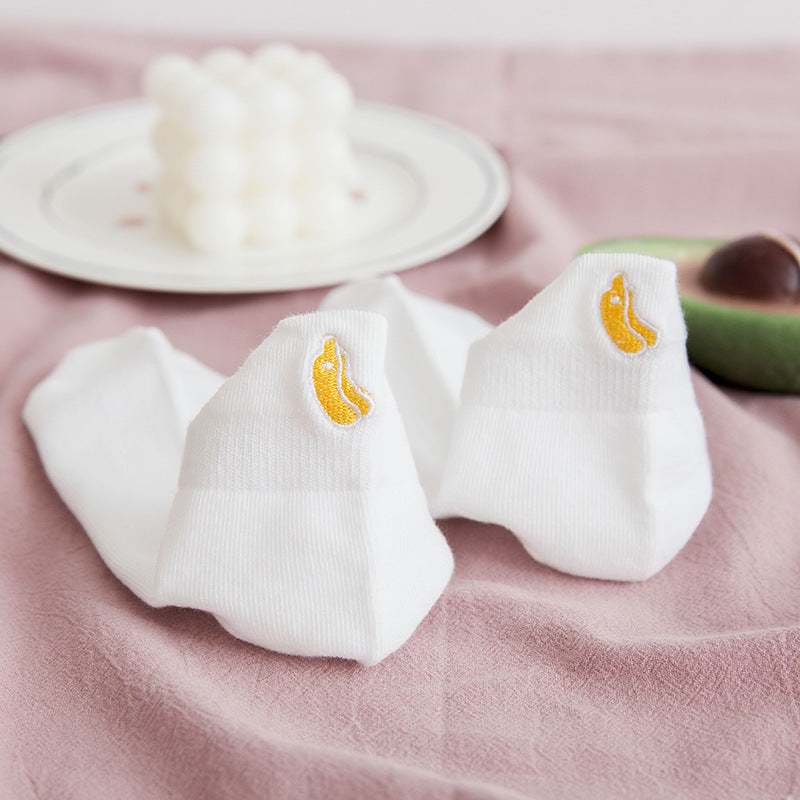 Socks Women's Socks Spring And Summer White Solid Color Cotton Socks Embroidery Fruit Socks Spring And Autumn Thin Ins Tide Shallow Mouth Boat