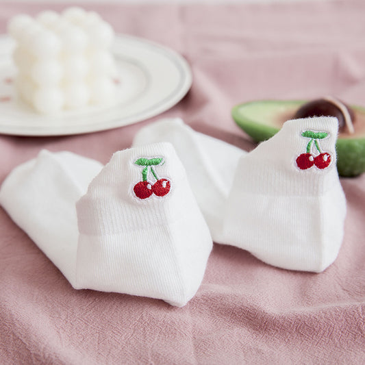 Socks Women's Socks Spring And Summer White Solid Color Cotton Socks Embroidery Fruit Socks Spring And Autumn Thin Ins Tide Shallow Mouth Boat